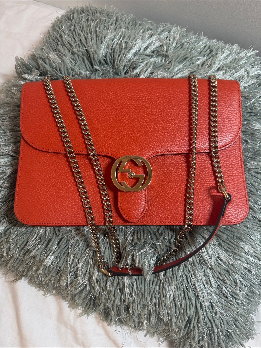 Gucci Dollar Sun Orange Pebbled Leather Shoulder Bag with Gold GG Chain
